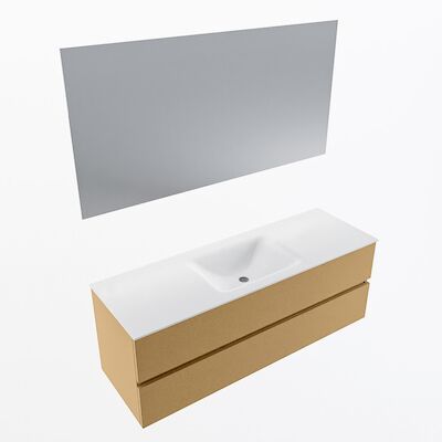 MONDIAZ VICA 140cm badmeubel onderkast Oro 2 lades. Wastafel CLOUD midden zonder kraangat, kleur Talc met spiegel LED.