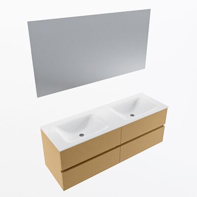 MONDIAZ VICA 140cm badmeubel onderkast Oro 4 lades. Wastafel CLOUD dubbel zonder kraangat, kleur Talc met spiegel LED.