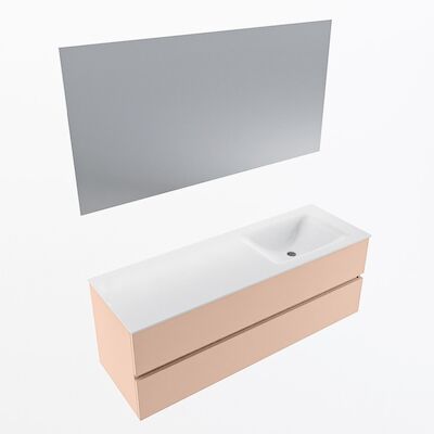 MONDIAZ VICA 140cm badmeubel onderkast Rosee 2 lades. Wastafel CLOUD rechts 1 kraangat, kleur Talc met spiegel LED.