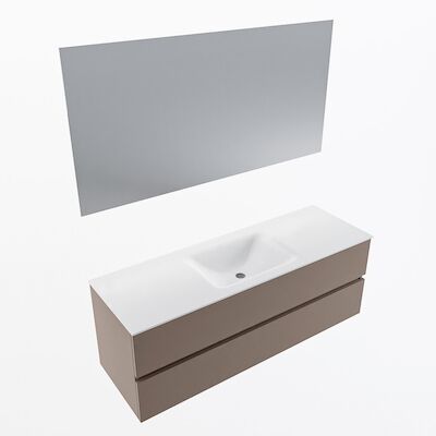 MONDIAZ VICA 140cm badmeubel onderkast Smoke 2 lades. Wastafel CLOUD midden zonder kraangat, kleur Talc met spiegel LED.
