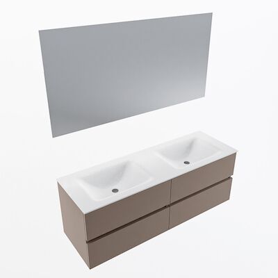 MONDIAZ VICA 140cm badmeubel onderkast Smoke 4 lades. Wastafel CLOUD dubbel zonder kraangat, kleur Talc met spiegel LED.