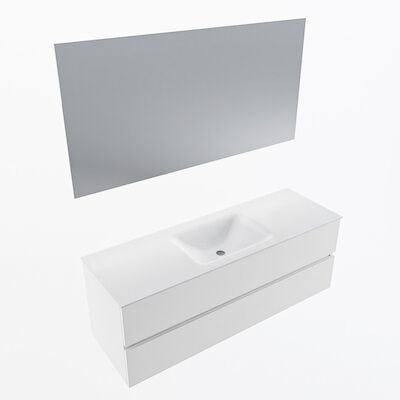 MONDIAZ VICA 140cm badmeubel onderkast Talc 2 lades. Wastafel CLOUD midden 1 kraangat, kleur Talc met spiegel LED.