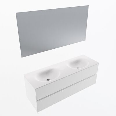 MONDIAZ VICA 140cm badmeubel onderkast Talc 2 lades. Wastafel Moon dubbel 2 kraangaten, kleur Talc met spiegel LED.