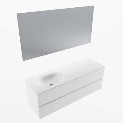 MONDIAZ VICA 140cm badmeubel onderkast Talc 2 lades. Wastafel Moon links zonder kraangat, kleur Talc met spiegel LED.