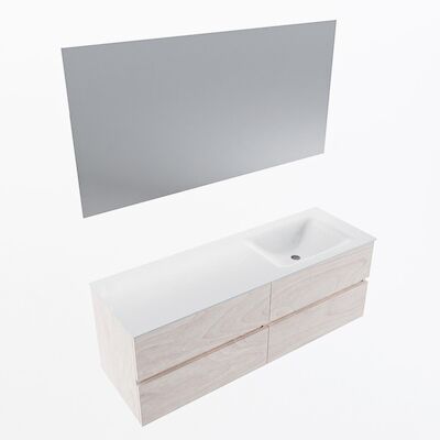 MONDIAZ VICA 140cm badmeubel onderkast Underlayment 4 lades. Wastafel CLOUD rechts zonder kraangat, kleur Talc met spiegel LED.