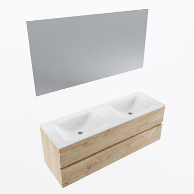 MONDIAZ VICA 140cm badmeubel onderkast Washed Oak 2 lades. Wastafel CLOUD dubbel zonder kraangat, kleur Talc met spiegel LED.