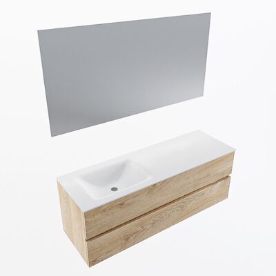 MONDIAZ VICA 140cm badmeubel onderkast Washed Oak 2 lades. Wastafel CLOUD links zonder kraangat, kleur Talc met spiegel LED.