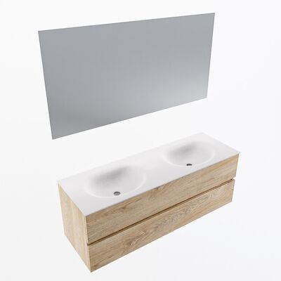 MONDIAZ VICA 140cm badmeubel onderkast Washed Oak 2 lades. Wastafel Moon dubbel zonder kraangat, kleur Talc met spiegel LED.