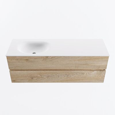 MONDIAZ VICA 140cm badmeubel onderkast Washed Oak 2 lades. Wastafel MOON links 1 kraangat, kleur Talc.