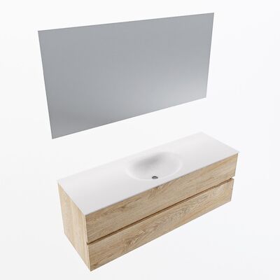 MONDIAZ VICA 140cm badmeubel onderkast Washed Oak 2 lades. Wastafel Moon midden 1 kraangat, kleur Talc met spiegel LED.