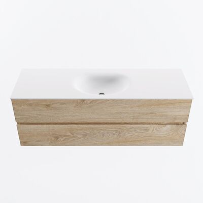 MONDIAZ VICA 140cm badmeubel onderkast Washed Oak 2 lades. Wastafel MOON midden 1 kraangat, kleur Talc.