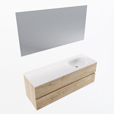 MONDIAZ VICA 140cm badmeubel onderkast Washed Oak 2 lades. Wastafel Moon rechts zonder kraangat, kleur Talc met spiegel LED.
