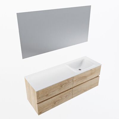 MONDIAZ VICA 140cm badmeubel onderkast Washed Oak 4 lades. Wastafel CLOUD rechts 1 kraangat, kleur Talc met spiegel LED.