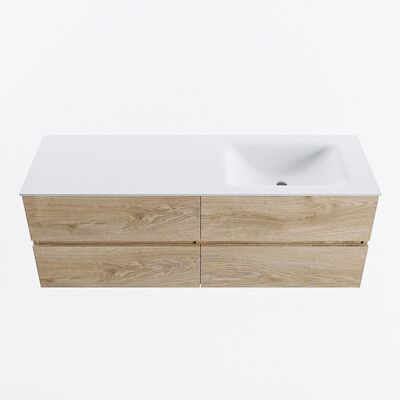 MONDIAZ VICA 140cm badmeubel onderkast Washed Oak 4 lades. Wastafel CLOUD rechts zonder kraangat, kleur Talc.