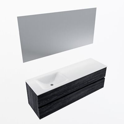 MONDIAZ VICA 150cm badmeubel onderkast Antracite 2 lades. Wastafel CLOUD links 1 kraangat, kleur Talc met spiegel LED.