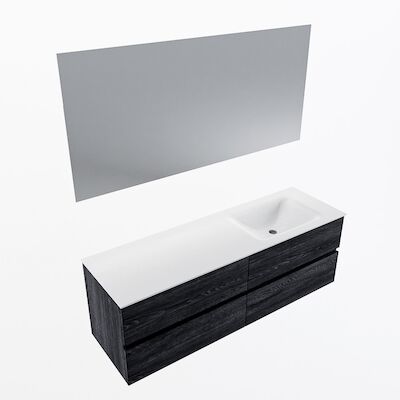 MONDIAZ VICA 150cm badmeubel onderkast Antracite 4 lades. Wastafel CLOUD rechts zonder kraangat, kleur Talc met spiegel LED.