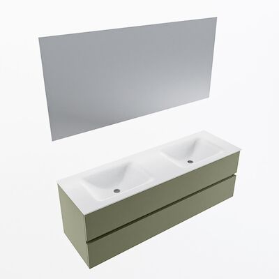 MONDIAZ VICA 150cm badmeubel onderkast Army 2 lades. Wastafel CLOUD dubbel 2 kraangaten, kleur Talc met spiegel LED.