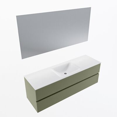 MONDIAZ VICA 150cm badmeubel onderkast Army 2 lades. Wastafel CLOUD midden 1 kraangat, kleur Talc met spiegel LED.