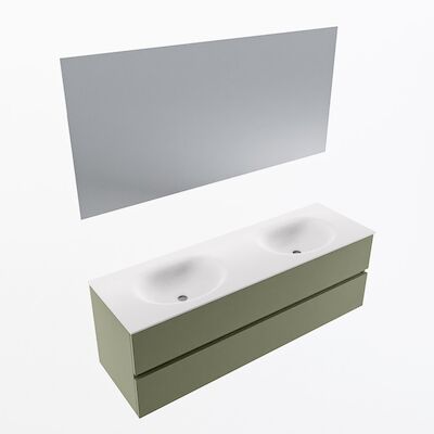 MONDIAZ VICA 150cm badmeubel onderkast Army 2 lades. Wastafel Moon dubbel zonder kraangat, kleur Talc met spiegel LED.