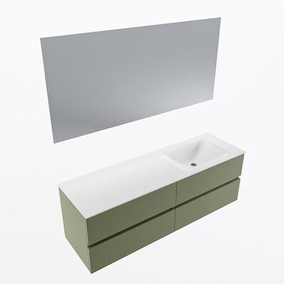 MONDIAZ VICA 150cm badmeubel onderkast Army 4 lades. Wastafel CLOUD rechts zonder kraangat, kleur Talc met spiegel LED.
