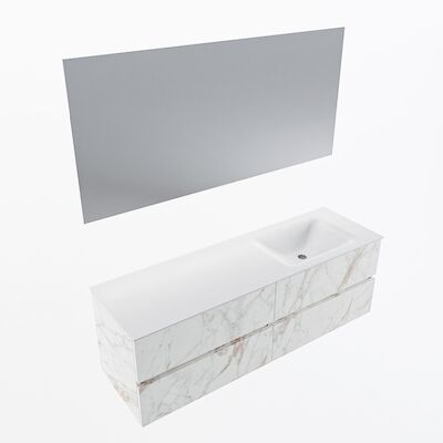 MONDIAZ VICA 150cm badmeubel onderkast Carrara 4 lades. Wastafel CLOUD rechts zonder kraangat, kleur Talc met spiegel LED.