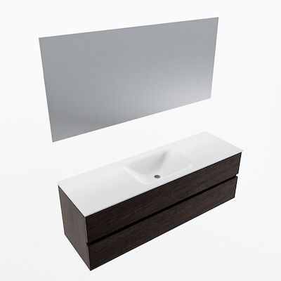 MONDIAZ VICA 150cm badmeubel onderkast Dark Brown 2 lades. Wastafel CLOUD midden zonder kraangat, kleur Talc met spiegel LED.