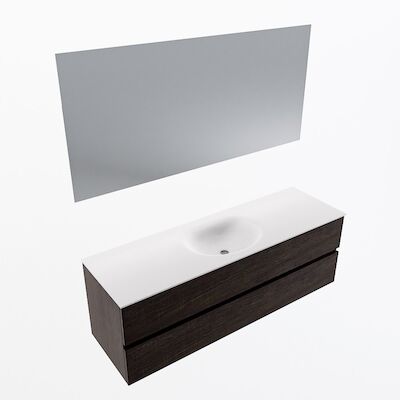 MONDIAZ VICA 150cm badmeubel onderkast Dark Brown 2 lades. Wastafel Moon midden zonder kraangat, kleur Talc met spiegel LED.