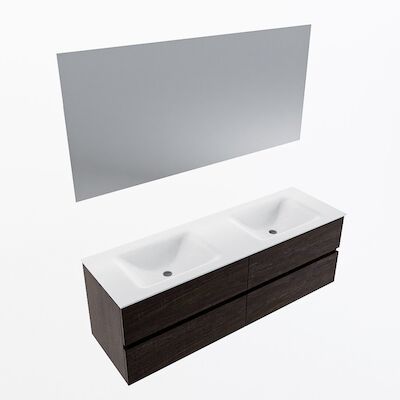 MONDIAZ VICA 150cm badmeubel onderkast Dark Brown 4 lades. Wastafel CLOUD dubbel 2 kraangaten, kleur Talc met spiegel LED.