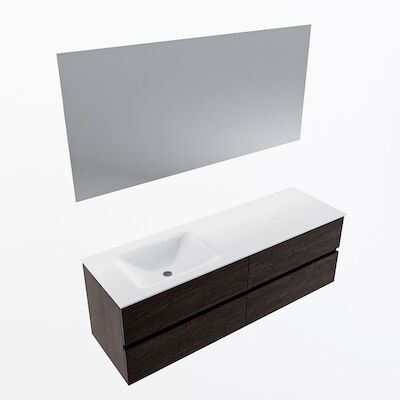 MONDIAZ VICA 150cm badmeubel onderkast Dark Brown 4 lades. Wastafel CLOUD links 1 kraangat, kleur Talc met spiegel LED.