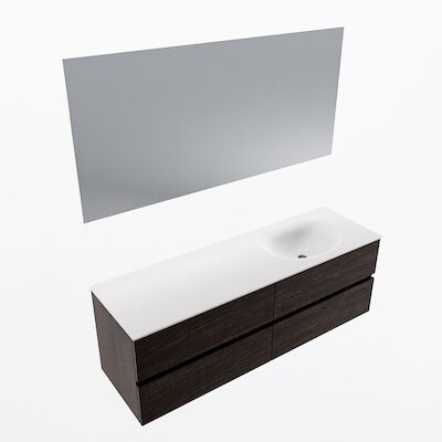 MONDIAZ VICA 150cm badmeubel onderkast Dark Brown 4 lades. Wastafel Moon rechts 1 kraangat, kleur Talc met spiegel LED.