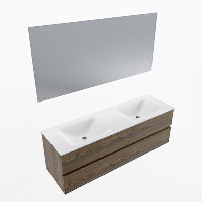 MONDIAZ VICA 150cm badmeubel onderkast Dark Brown Grey 2 lades. Wastafel CLOUD dubbel 2 kraangaten, kleur Talc met spiegel LED.