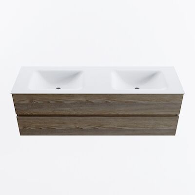 MONDIAZ VICA 150cm badmeubel onderkast Dark Brown Grey 2 lades. Wastafel CLOUD dubbel 2 kraangaten, kleur Talc.