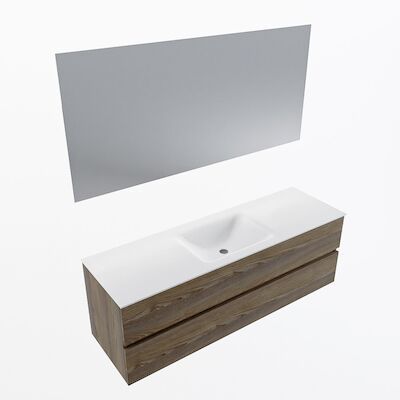 MONDIAZ VICA 150cm badmeubel onderkast Dark Brown Grey 2 lades. Wastafel CLOUD midden 1 kraangat, kleur Talc met spiegel LED.