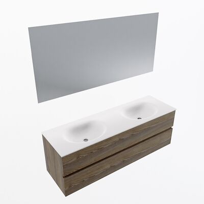 MONDIAZ VICA 150cm badmeubel onderkast Dark Brown Grey 2 lades. Wastafel Moon dubbel zonder kraangat, kleur Talc met spiegel LED.
