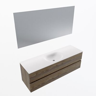 MONDIAZ VICA 150cm badmeubel onderkast Dark Brown Grey 2 lades. Wastafel Moon midden 1 kraangat, kleur Talc met spiegel LED.