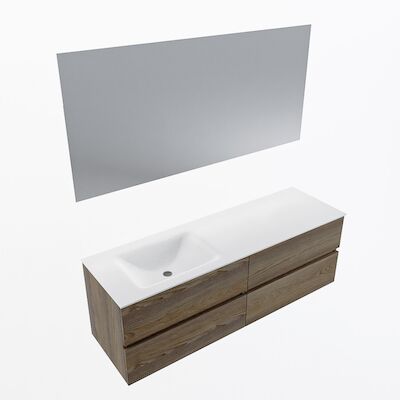 MONDIAZ VICA 150cm badmeubel onderkast Dark Brown Grey 4 lades. Wastafel CLOUD links zonder kraangat, kleur Talc met spiegel LED.