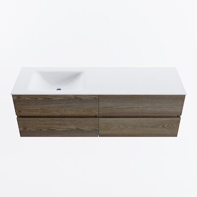 MONDIAZ VICA 150cm badmeubel onderkast Dark Brown Grey 4 lades. Wastafel CLOUD links zonder kraangat, kleur Talc.