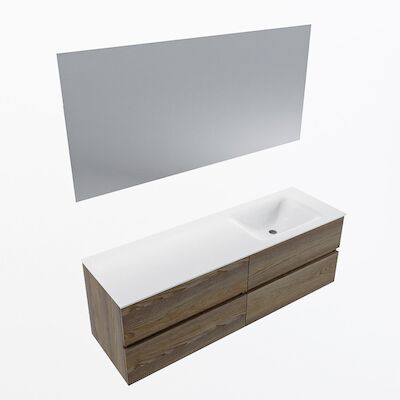 MONDIAZ VICA 150cm badmeubel onderkast Dark Brown Grey 4 lades. Wastafel CLOUD rechts 1 kraangat, kleur Talc met spiegel LED.