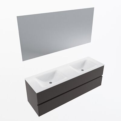 MONDIAZ VICA 150cm badmeubel onderkast Dark Grey 2 lades. Wastafel CLOUD dubbel zonder kraangat, kleur Talc met spiegel LED.