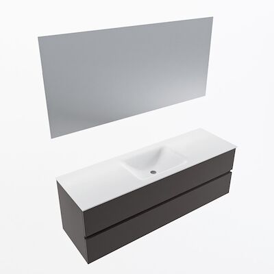 MONDIAZ VICA 150cm badmeubel onderkast Dark Grey 2 lades. Wastafel CLOUD midden zonder kraangat, kleur Talc met spiegel LED.
