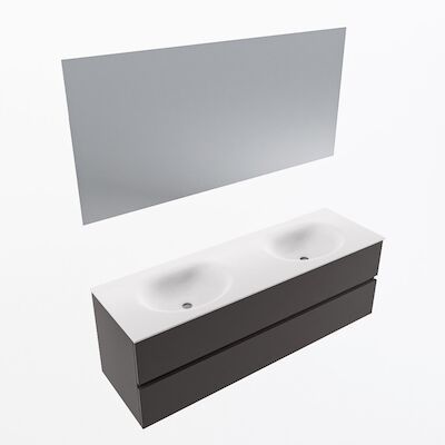 MONDIAZ VICA 150cm badmeubel onderkast Dark Grey 2 lades. Wastafel Moon dubbel 2 kraangaten, kleur Talc met spiegel LED.