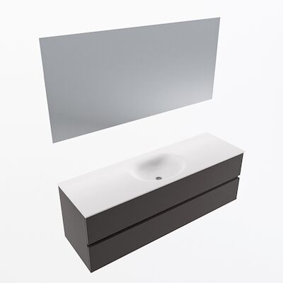 MONDIAZ VICA 150cm badmeubel onderkast Dark Grey 2 lades. Wastafel Moon midden 1 kraangat, kleur Talc met spiegel LED.