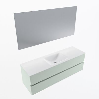 MONDIAZ VICA 150cm badmeubel onderkast Greey 2 lades. Wastafel CLOUD midden zonder kraangat, kleur Talc met spiegel LED.