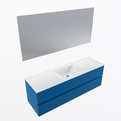 MONDIAZ VICA 150cm badmeubel onderkast Jeans 2 lades. Wastafel CLOUD midden zonder kraangat, kleur Talc met spiegel LED.