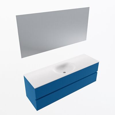 MONDIAZ VICA 150cm badmeubel onderkast Jeans 2 lades. Wastafel Moon midden 1 kraangat, kleur Talc met spiegel LED.
