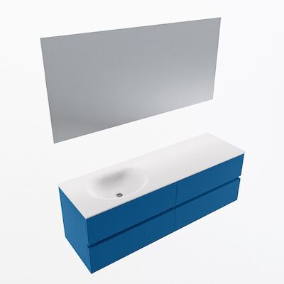 MONDIAZ VICA 150cm badmeubel onderkast Jeans 4 lades. Wastafel Moon links zonder kraangat, kleur Talc met spiegel LED.