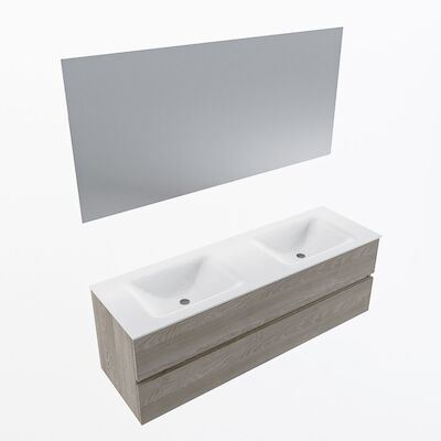 MONDIAZ VICA 150cm badmeubel onderkast Light Brown Grey 2 lades. Wastafel CLOUD dubbel 2 kraangaten, kleur Talc met spiegel LED.