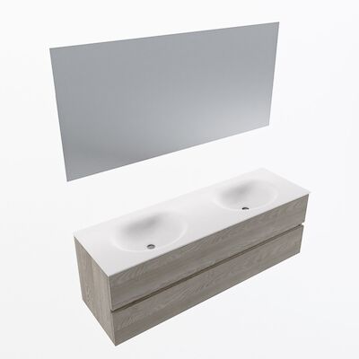MONDIAZ VICA 150cm badmeubel onderkast Light Brown Grey 2 lades. Wastafel Moon dubbel 2 kraangaten, kleur Talc met spiegel LED.