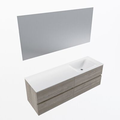 MONDIAZ VICA 150cm badmeubel onderkast Light Brown Grey 4 lades. Wastafel CLOUD rechts zonder kraangat, kleur Talc met spiegel LED.