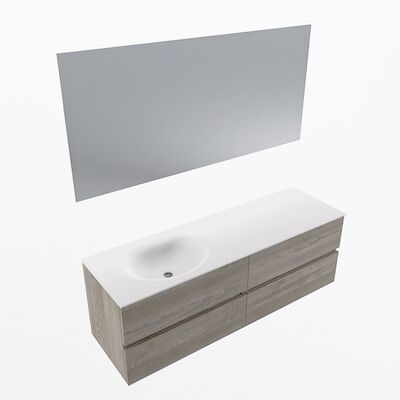 MONDIAZ VICA 150cm badmeubel onderkast Light Brown Grey 4 lades. Wastafel Moon links 1 kraangat, kleur Talc met spiegel LED.